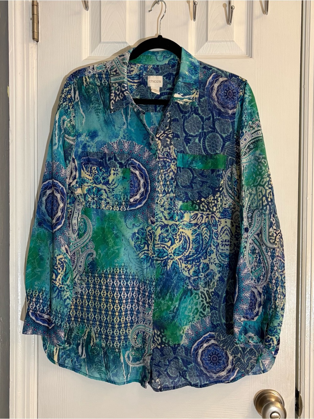 Chico's Women's Size 2 Blue Green Paisley Mixed Print Cotton Button Up Blouse